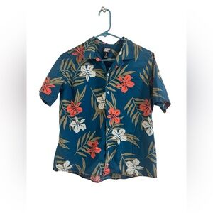 Lands' End Teal Short-Sleeve Floral Button-Down Shirt